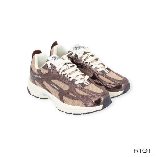 Mercer Re-Run Cracked in bruin craquele leer met beige mesh voor dames. 