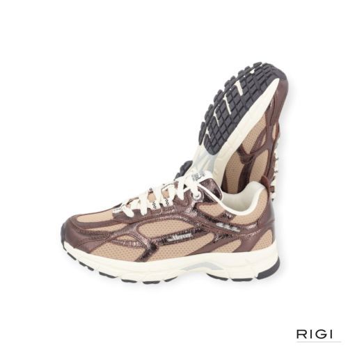 Mercer Re-Run Cracked in bruin craquele leer met beige mesh voor dames. 