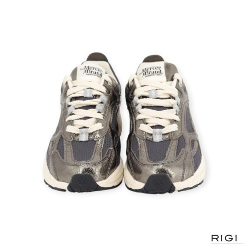 Mercer The Re-Run Cracked sneaker in groen craquelé leer met grijze mesh voor dames. 