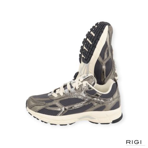 Mercer The Re-Run Cracked sneaker in groen craquelé leer met grijze mesh voor dames. 