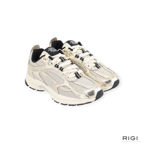 Mercer The Re-Run Cracked sneaker in goud craquelé leer met grijze mesh voor dames. Mercer The Re-Run Cracked sneaker in goud craquelé leer met grijze mesh voor dames.