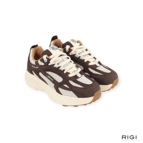Mercer The Re-Run Max dames sneaker in bruin nubuck en beige mesh. Mercer The Re-Run Max dames sneaker in bruin nubuck en beige mesh.