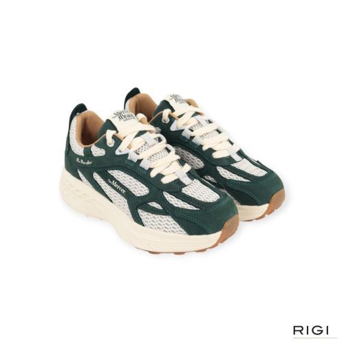 Mercer The Re-Run Max dames sneaker in groen nubuck en beige mesh. Mercer The Re-Run Max dames sneaker in groen nubuck en beige mesh.