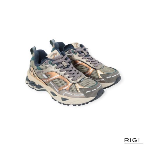 MRP Melrose V.57 sneaker in goud, brons metallic met groen mesh, suède voor dames. 