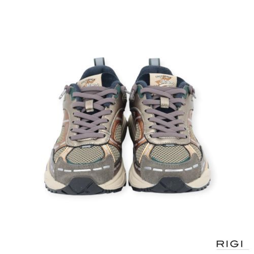 MRP Melrose V.57 sneaker in goud, brons metallic met groen mesh, suède voor dames. 