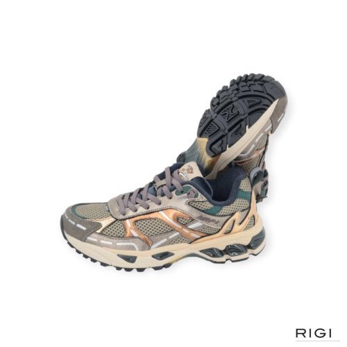 MRP Melrose V.57 sneaker in goud, brons metallic met groen mesh, suède voor dames. 