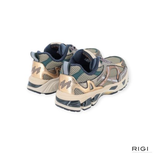 MRP Melrose V.57 sneaker in goud, brons metallic met groen mesh, suède voor dames. 