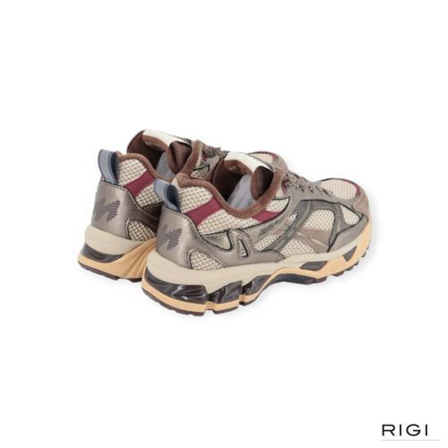 MRP Melrose V.59 sneaker in beige suède met zilver, lila metallic en mesh voor dames. MRP Melrose V.59 sneaker in beige suède met zilver, lila metallic en mesh voor dames.