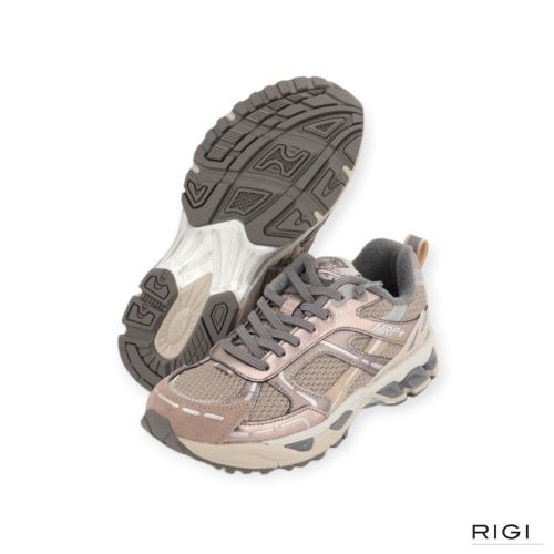 MRP Melrose V.61 sneaker in taupe, zilver metallic en mesh suède voor dames. MRP Melrose V.61 sneaker in taupe, zilver metallic en mesh suède voor dames.