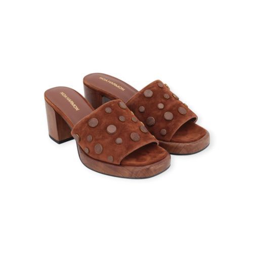 Noa Harmon dames slipper met blok hak in het cognac suede leer.