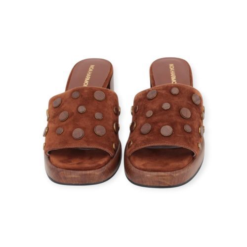 Noa Harmon dames slipper met blok hak in het cognac suede leer.