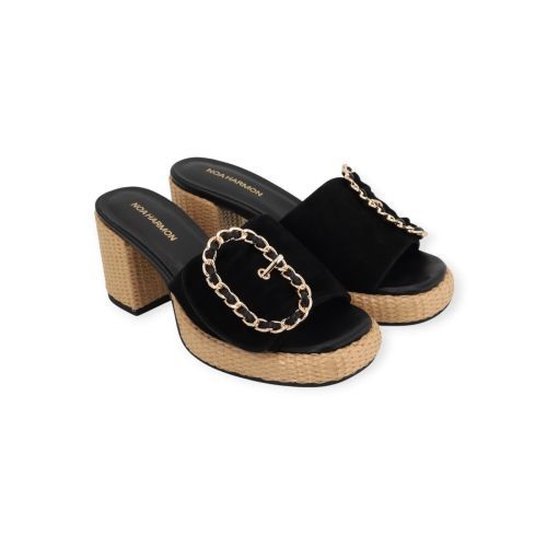 Noa Harmon dames slipper met blok hak in het zwart leer.