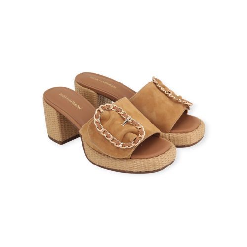 Noa Harmon dames slipper met blok hak in het camel - beige leer. Noa Harmon dames slipper met blok hak in het camel - beige leer.