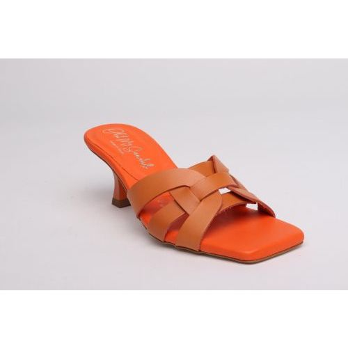 Oh My Sandals dames slipper in orange leer op fijne hak.