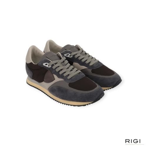 Philippe Model BLVILLE BVLU N002 sneaker voor heren in bruin, nylon met blauw suède. 