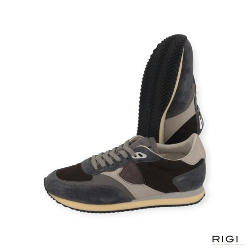 Philippe Model BLVILLE BVLU N002 sneaker voor heren in bruin, nylon met blauw suède. 
