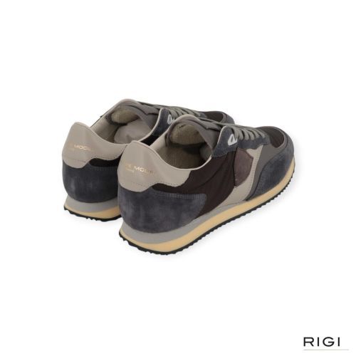 Philippe Model BLVILLE BVLU N002 sneaker voor heren in bruin, nylon met blauw suède. 