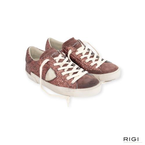 Philippe Model PRSX PRLD GG10 sneaker voor dames in glitter bruin suède.
