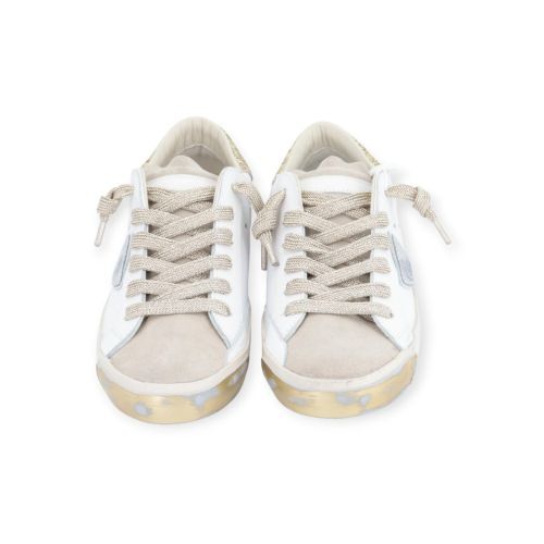 Philippe Model PRSX low dames sneaker in wit met goud glitter. Philippe Model PRSX low dames sneaker in wit met goud glitter.
