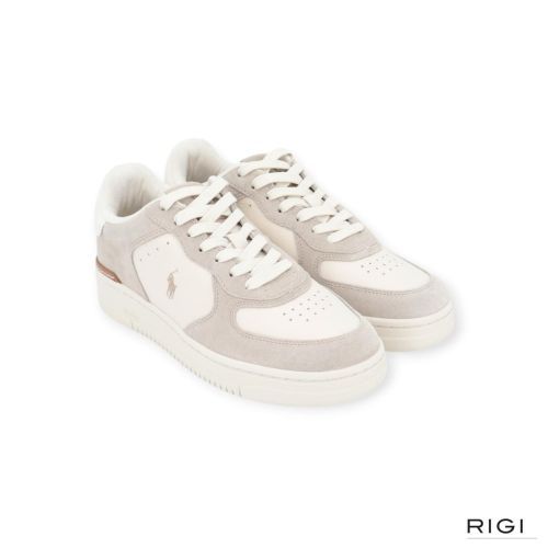 Polo Ralph Lauren Masters Court sneaker in offwit met zand suède voor heren. Polo Ralph Lauren Masters Court sneaker in offwit met zand suède voor heren.