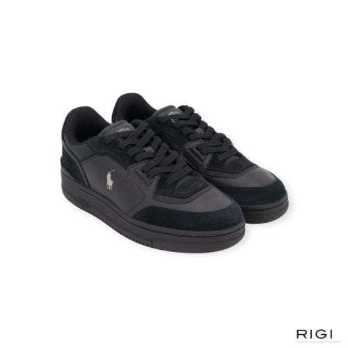 Polo Ralph Lauren Open Master court in zwart leer met suède en nylon voor heren. Polo Ralph Lauren Open Master court in zwart leer met suède en nylon voor heren.