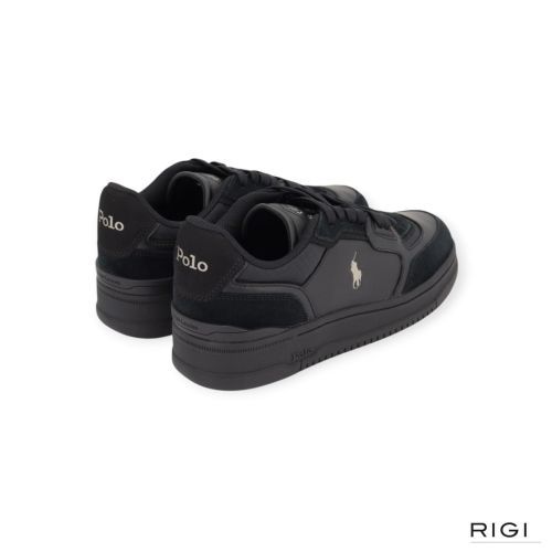 Polo Ralph Lauren Open Master court in zwart leer met suède en nylon voor heren. Polo Ralph Lauren Open Master court in zwart leer met suède en nylon voor heren.