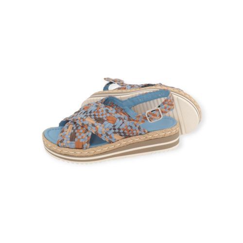 Pons Quintana Milan sandaal in licht blauw , multi tressée leer voor dames. Pons Quintana Milan sandaal in licht blauw , multi tressée leer voor dames.