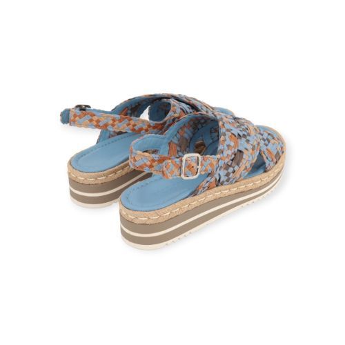 Pons Quintana Milan sandaal in licht blauw , multi tressée leer voor dames. Pons Quintana Milan sandaal in licht blauw , multi tressée leer voor dames.