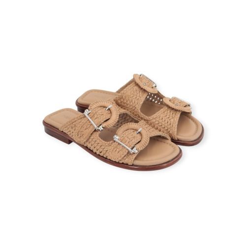 Pons Quintana Tina slipper, muiltje in taupe tressée leer voor dames.