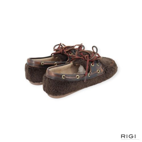Posa Boat Loafer Alpina in bruin leer met wol voor dames. 