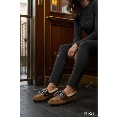 Posa Boat loafer Brushed Fur mocassin in cognac leer voor dames. 