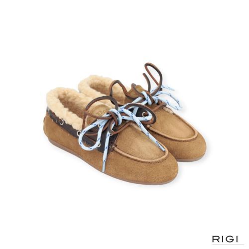 Posa Boat loafer Brushed Fur mocassin in cognac leer voor dames. 