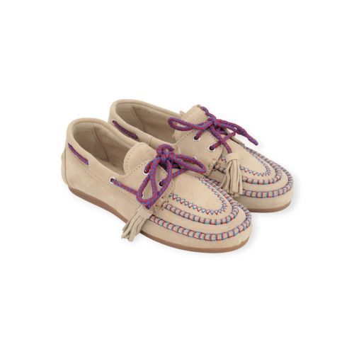Posa Boat Loafer Fringe Coloured Stitch voor dames in zand suède.