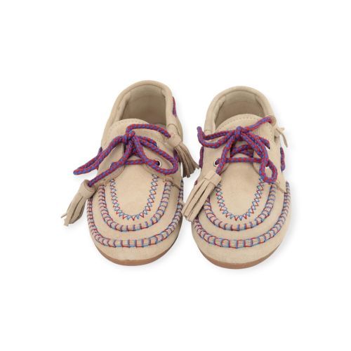 Posa Boat Loafer Fringe Coloured Stitch voor dames in zand suède.