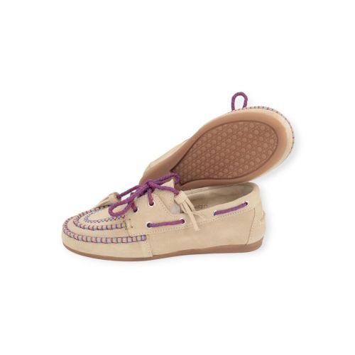 Posa Boat Loafer Fringe Coloured Stitch voor dames in zand suède.