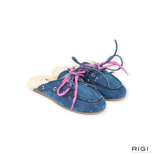 Posa Boat loafer Mule Fur slipper, muil in jeans denim voor dames. Posa Boat loafer Mule Fur slipper, muil in jeans denim voor dames.