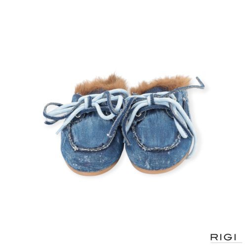 Posa boat loafer mule hairy fur dames slipper in jeans stof.