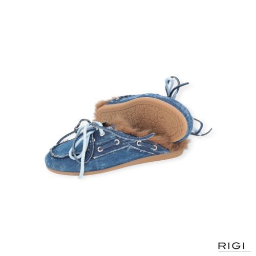 Posa boat loafer mule hairy fur dames slipper in jeans stof.