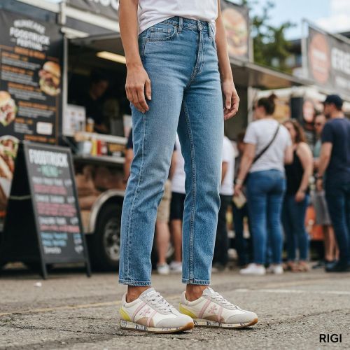 Premiata JackyX sneaker in offwit leer met zand suède en roze voor dames. Premiata JackyX sneaker in offwit leer met zand suède en roze voor dames.