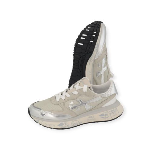 Premiata Lauryn dames sneaker in beige met zilver mesh.