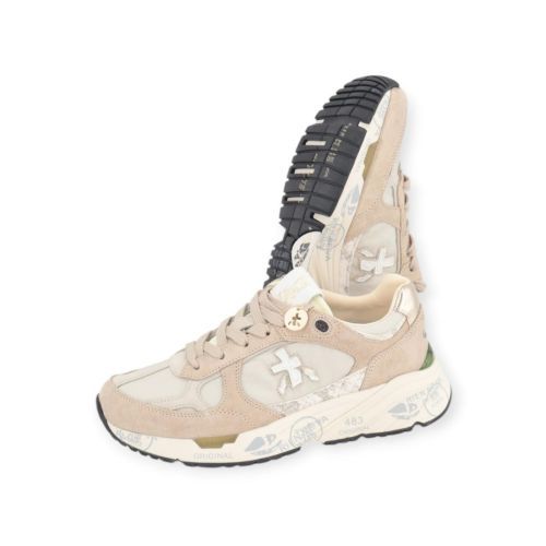 Premiata Mased sneaker in offwit leer met zand suède voor dames.