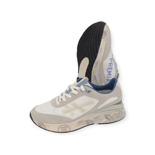 Premiata Moerun heren sneaker in licht grijs met blauw.