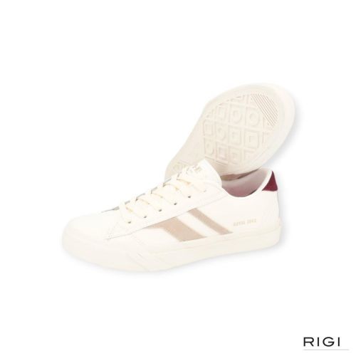 Pro-Keds Royal classic sneaker in offwit leer met beige en bordeaux suède voor dames. Pro-Keds Royal classic sneaker in offwit leer met beige en bordeaux suède voor dames.