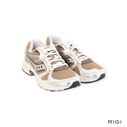Saucony Grid Legacy sneaker in wit leer met beige mesh voor dames. 