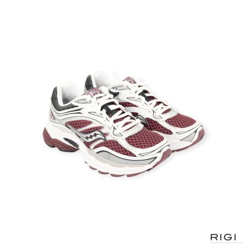 Saucony Progrid Omni 9 in bordeaux met wit leer voor dames. 