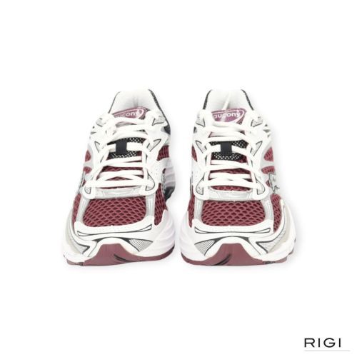 Saucony Progrid Omni 9 in bordeaux met wit leer voor dames. 