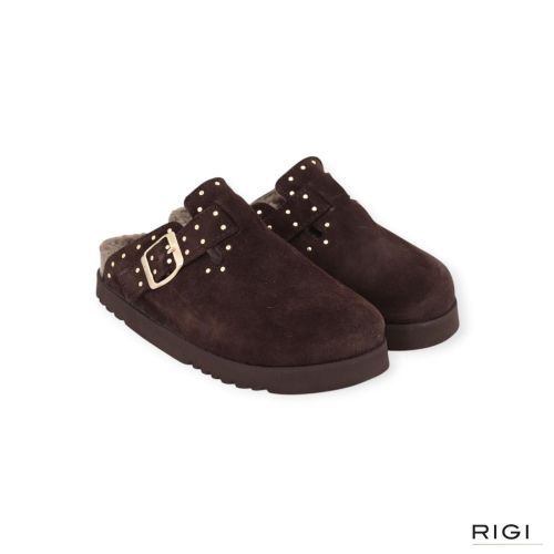 Scholl Beatriz Clog Fur F01327 pantoffel in donkerbruin suède met wol voor dames. 