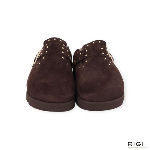 Scholl Beatriz Clog Fur F01327 pantoffel in donkerbruin suède met wol voor dames. 