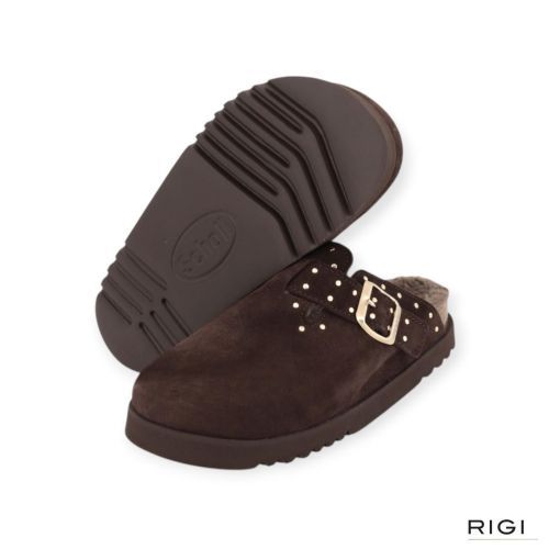 Scholl Beatriz Clog Fur F01327 pantoffel in donkerbruin suède met wol voor dames. 