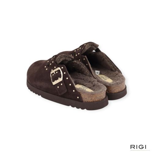 Scholl Beatriz Clog Fur F01327 pantoffel in donkerbruin suède met wol voor dames. 